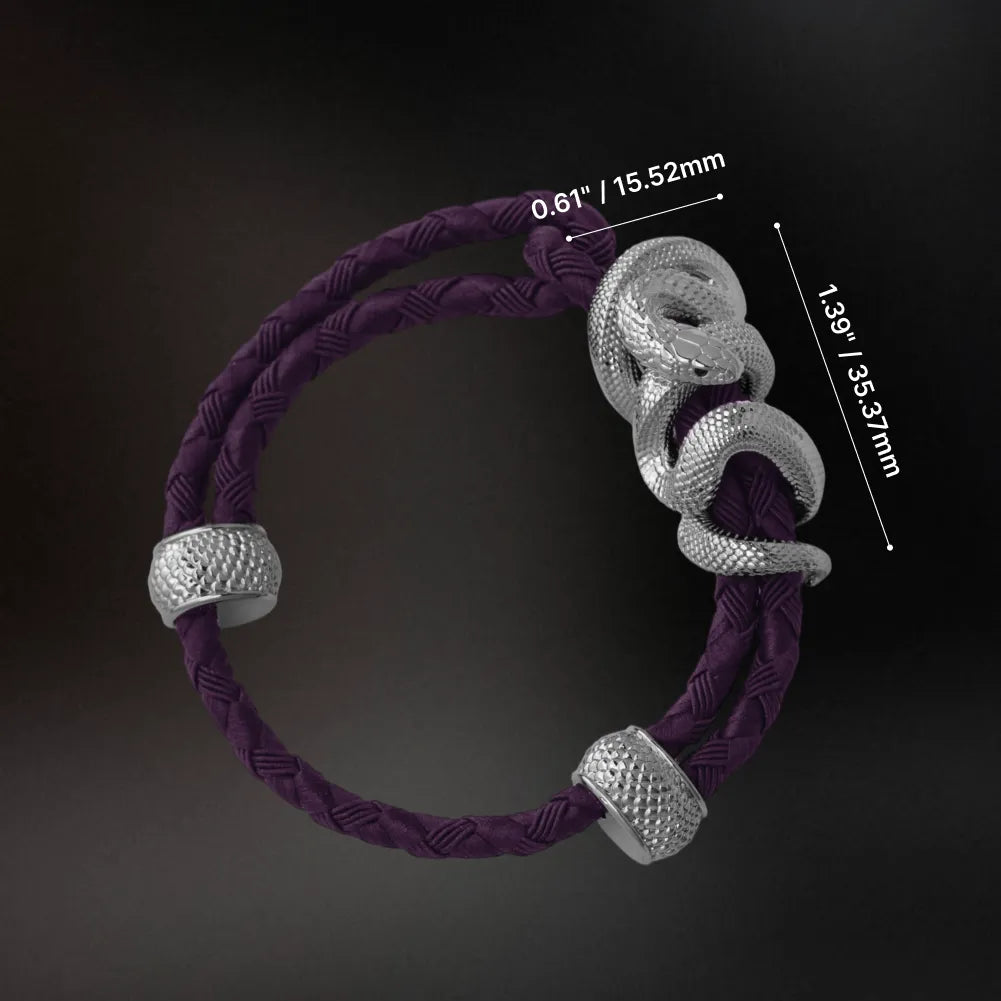 Black Mamba Rope Bracelet in 18K White Gold Plated White Bronze, dimensions and complete bracelet shape shown on a dark background.