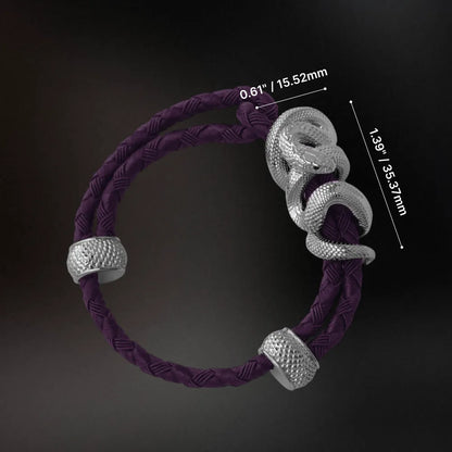 Black Mamba Rope Bracelet in 18K White Gold Plated White Bronze, dimensions and complete bracelet shape shown on a dark background.