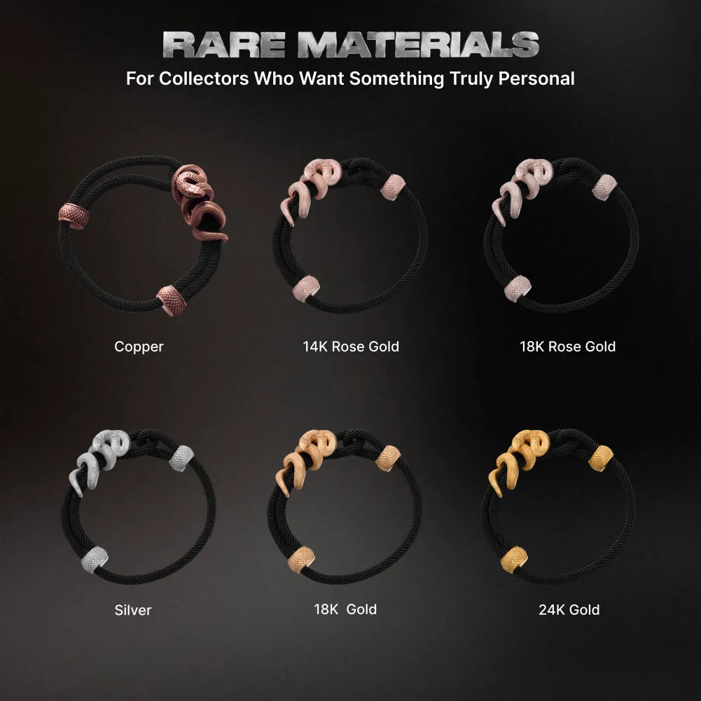 Black Mamba Rope Bracelet in 18K White Gold Plated White Bronze, material and finish options shown in a comparison chart.