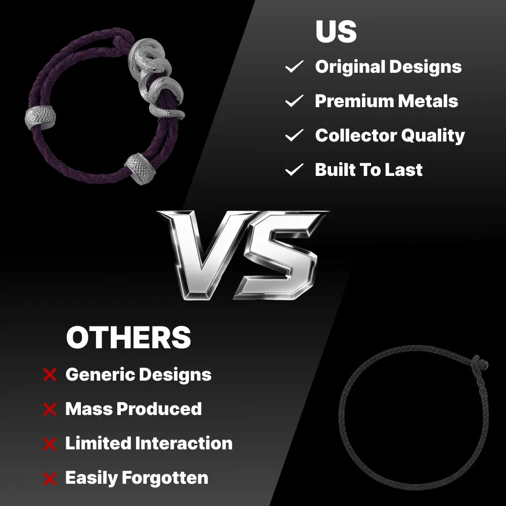 Black Mamba Rope Bracelet in 18K White Gold Plated White Bronze, original design compared with a generic alternative.