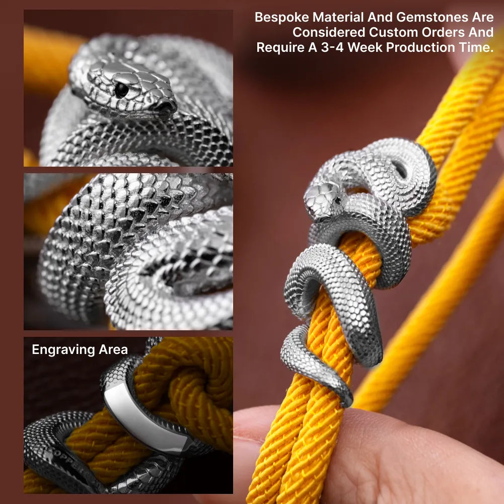 Black Mamba Rope Bracelet in 18K White Gold Plated White Bronze, sculpted scales and engraving areas shown in a detail collage.