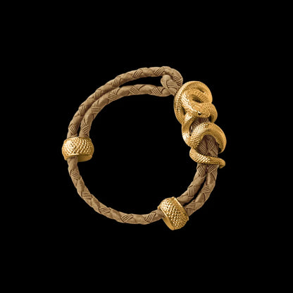 Black Mamba rope bracelet in 24K Gold Plated Brass with 4mm Braided Rope and & Beige cord, black-background variant view