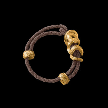Black Mamba rope bracelet in 24K Gold Plated Brass with 4mm Braided Rope and & Dark Brown cord, black-background variant view