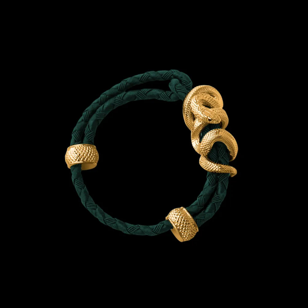 Black Mamba rope bracelet in 24K Gold Plated Brass with 4mm Braided Rope and & Dark Green cord, black-background variant view