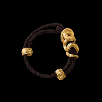 Black Mamba rope bracelet in 24K Gold Plated Brass with 4mm Braided Rope and & Deep Coffee cord, black-background variant view