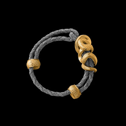 Black Mamba rope bracelet in 24K Gold Plated Brass with 4mm Braided Rope and & Gray cord, black-background variant view
