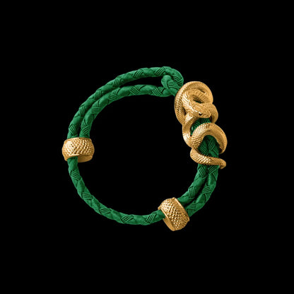 Black Mamba rope bracelet in 24K Gold Plated Brass with 4mm Braided Rope and & Green cord, black-background variant view
