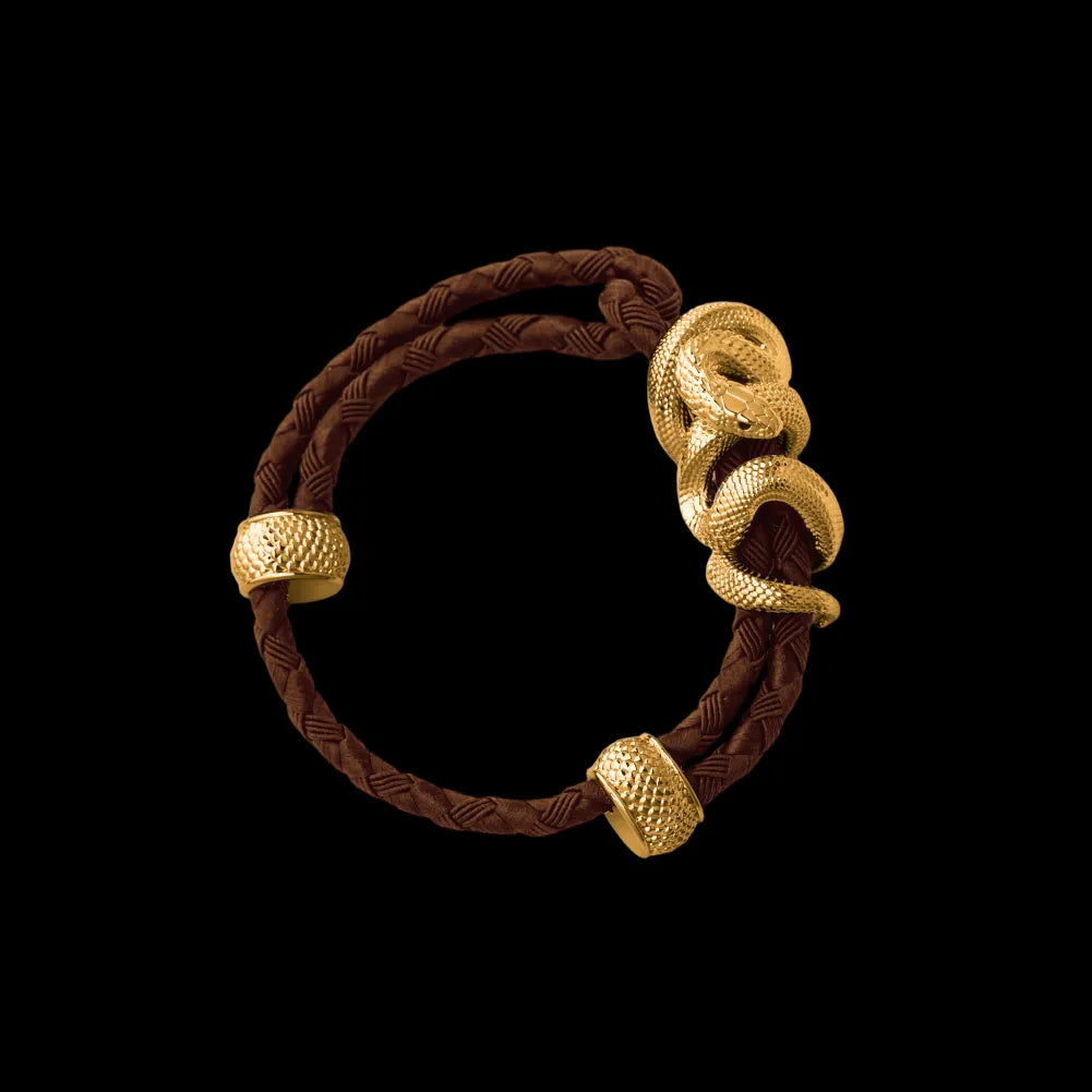 Black Mamba rope bracelet in 24K Gold Plated Brass with 4mm Braided Rope and & Light Brown cord, black-background variant view