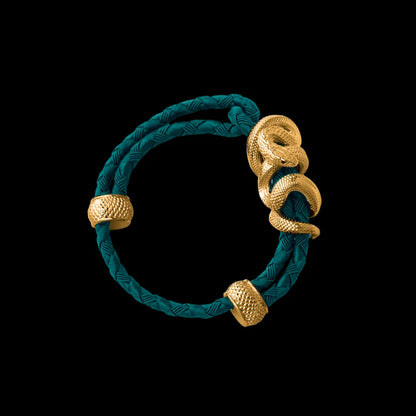Black Mamba rope bracelet in 24K Gold Plated Brass with 4mm Braided Rope and & Light Ink Green cord, black-background variant view