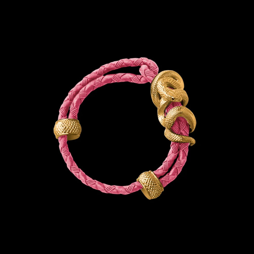 Black Mamba rope bracelet in 24K Gold Plated Brass with 4mm Braided Rope and & Light Pink cord, black-background variant view