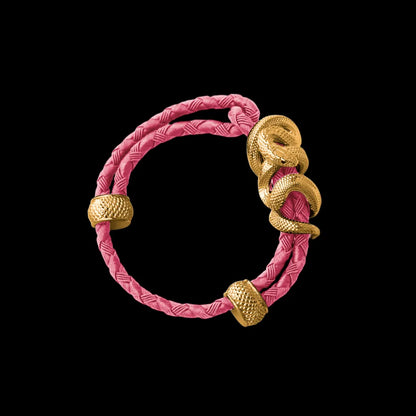 Black Mamba rope bracelet in 24K Gold Plated Brass with 4mm Braided Rope and & Light Pink cord, black-background variant view