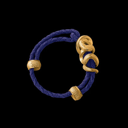 Black Mamba rope bracelet in 24K Gold Plated Brass with 4mm Braided Rope and & Vivid Blue cord, black-background variant view