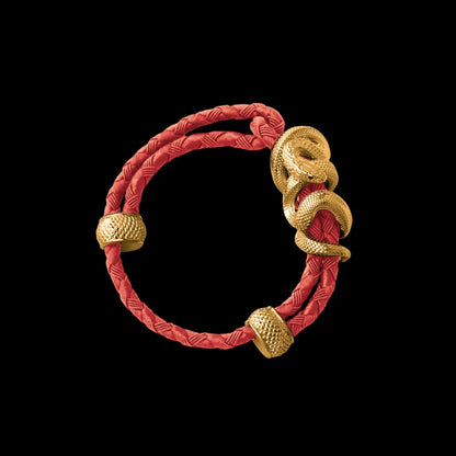 Black Mamba rope bracelet in 24K Gold Plated Brass with 4mm Braided Rope and & Watermelon Red cord, black-background variant view