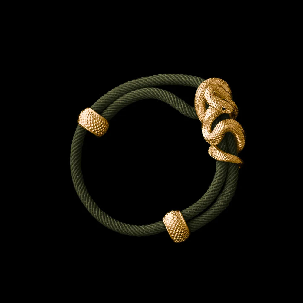 Black Mamba rope bracelet in 24K Gold Plated Brass with 4mm Milan Rope and Army Green cord, black-background variant view