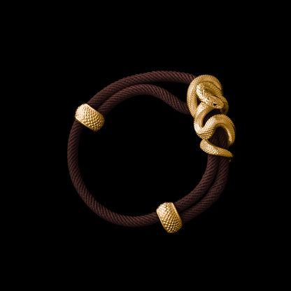 Black Mamba rope bracelet in 24K Gold Plated Brass with 4mm Milan Rope and Coffee cord, black-background variant view