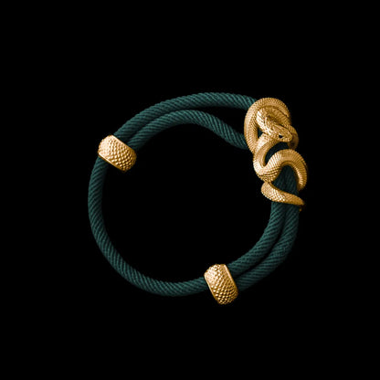 Black Mamba rope bracelet in 24K Gold Plated Brass with 4mm Milan Rope and Dark Green cord, black-background variant view
