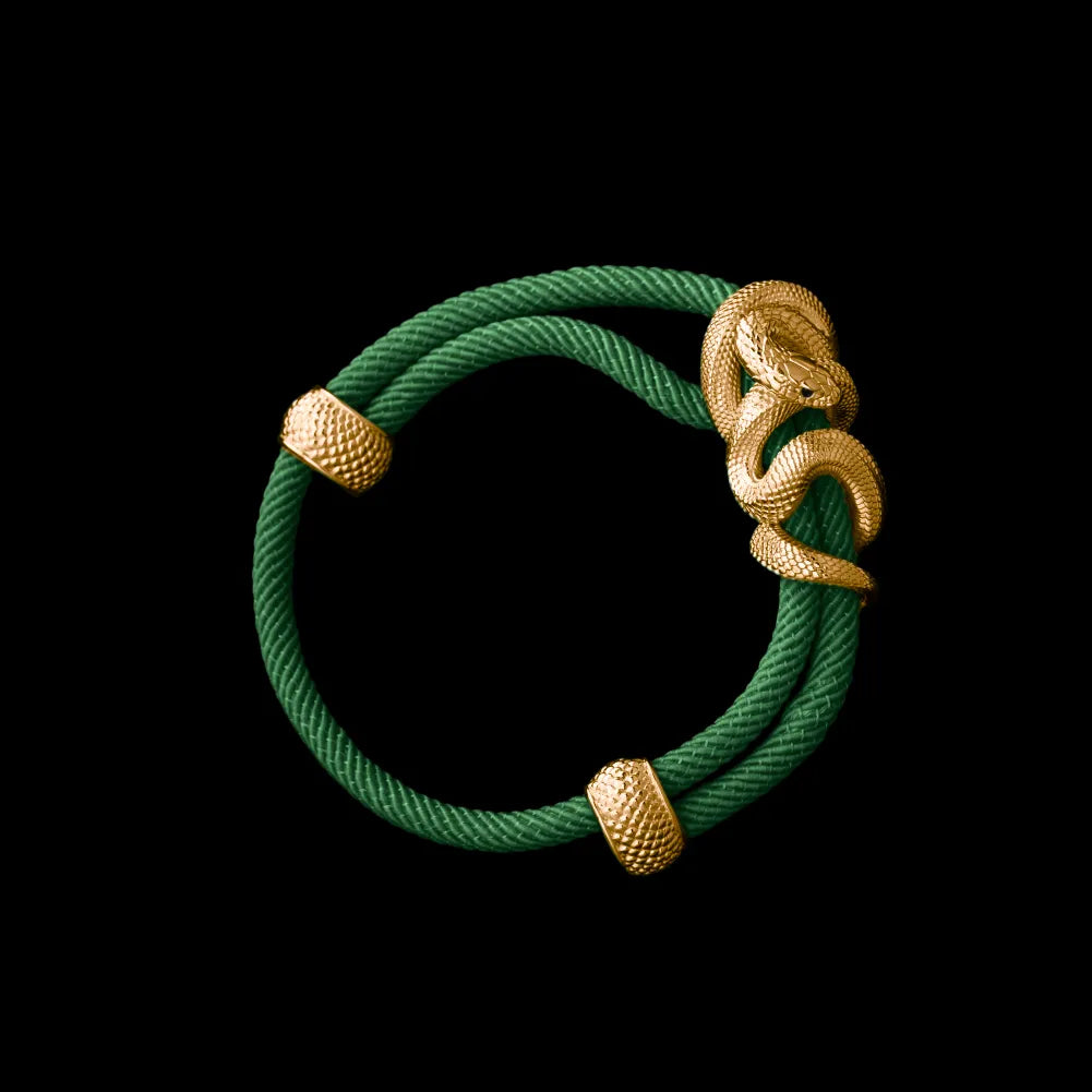 Black Mamba rope bracelet in 24K Gold Plated Brass with 4mm Milan Rope and Green cord, black-background variant view