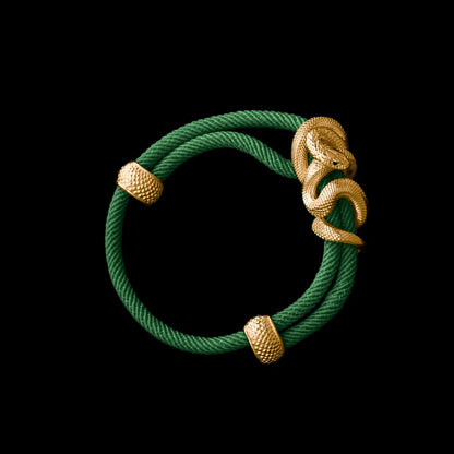 Black Mamba rope bracelet in 24K Gold Plated Brass with 4mm Milan Rope and Green cord, black-background variant view