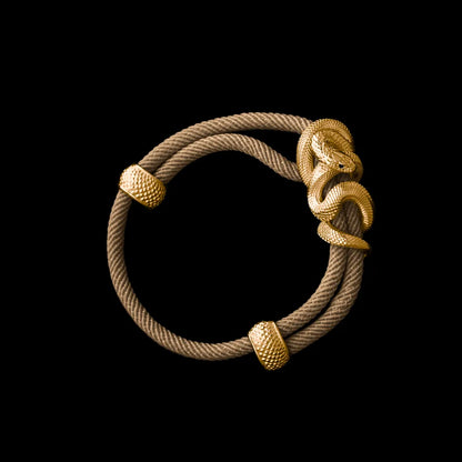 Black Mamba rope bracelet in 24K Gold Plated Brass with 4mm Milan Rope and Light Khaki cord, black-background variant view