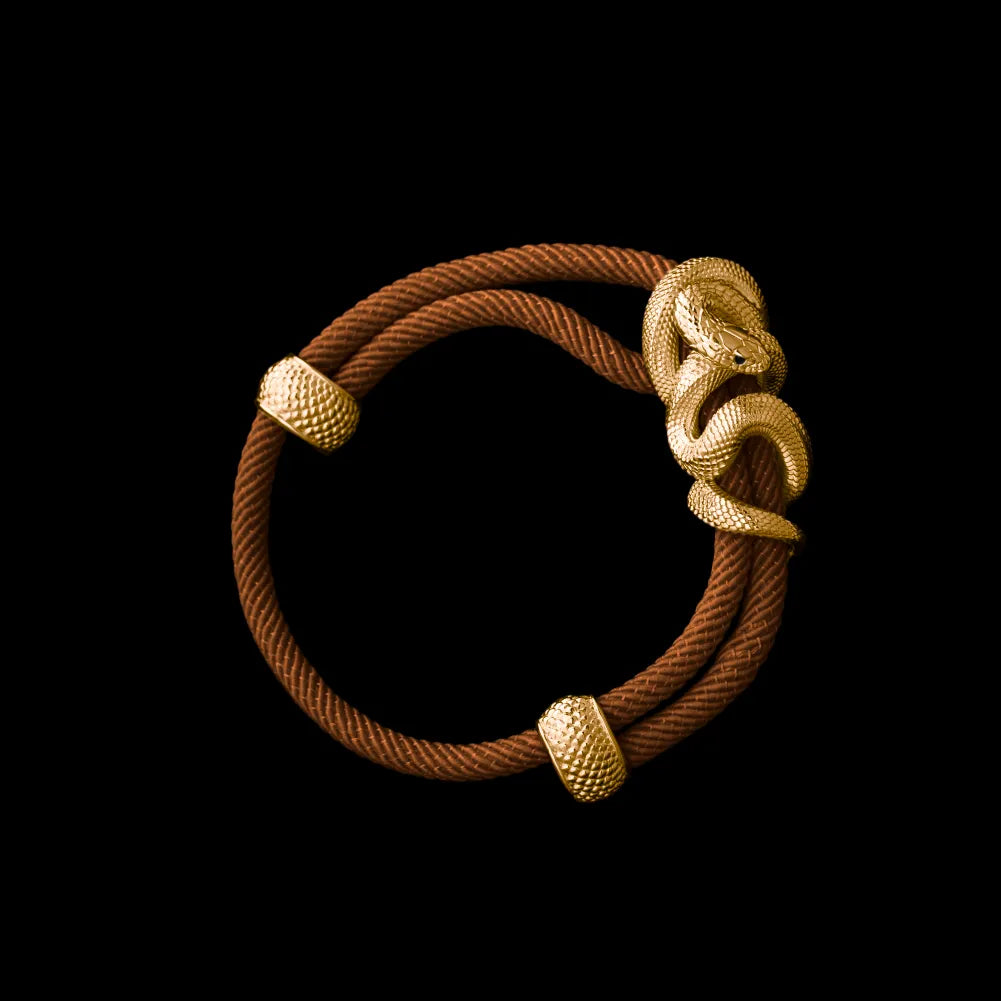 Black Mamba rope bracelet in 24K Gold Plated Brass with 4mm Milan Rope and Reddish Brown cord, black-background variant view