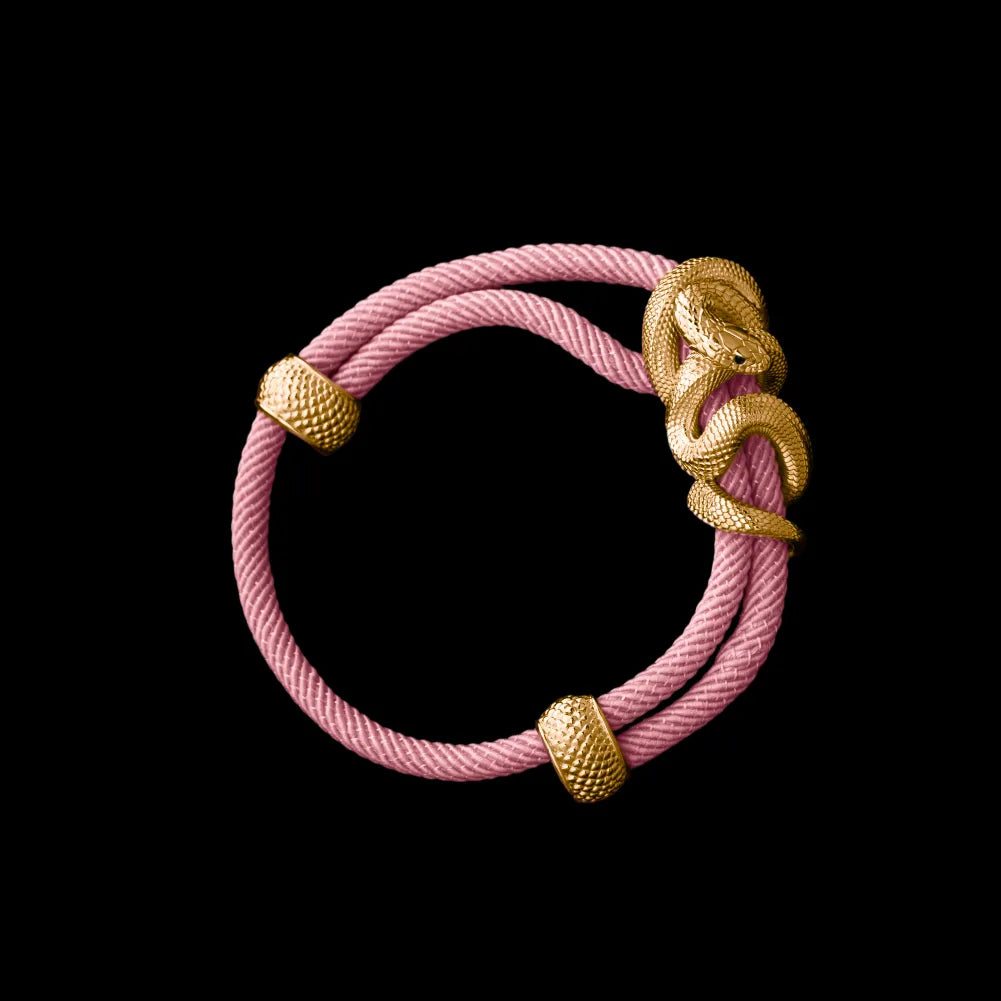 Black Mamba rope bracelet in 24K Gold Plated Brass with 4mm Milan Rope and Strawberry Cream cord, black-background variant view