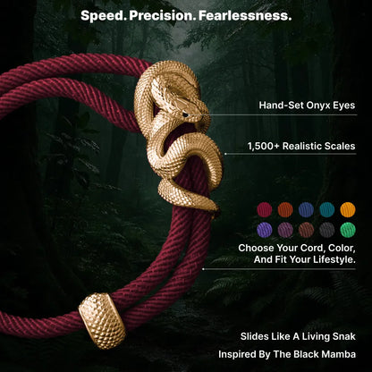 Black Mamba Rope Bracelet in 24K Gold Plated Brass, design features, sculpted scales and cord color choices shown in an infographic.