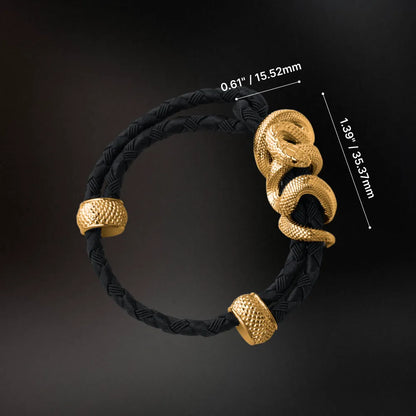 Black Mamba Rope Bracelet in 24K Gold Plated Brass, dimensions and complete bracelet shape shown on a dark background.