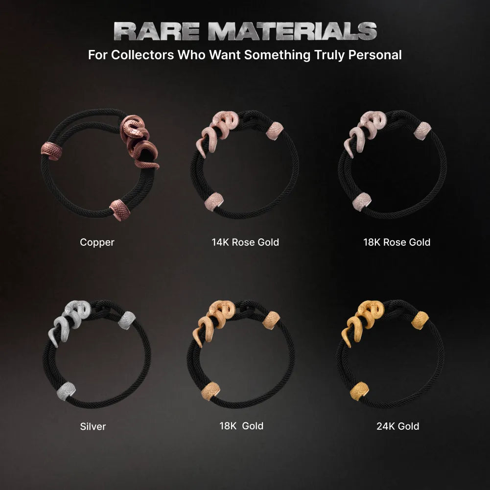 Black Mamba Rope Bracelet in 24K Gold Plated Brass, material and finish options shown in a comparison chart.