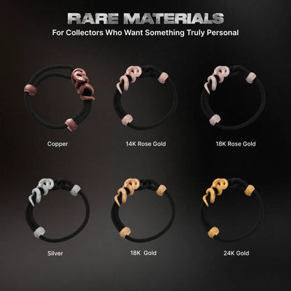 Black Mamba Rope Bracelet in 24K Gold Plated Brass, material and finish options shown in a comparison chart.