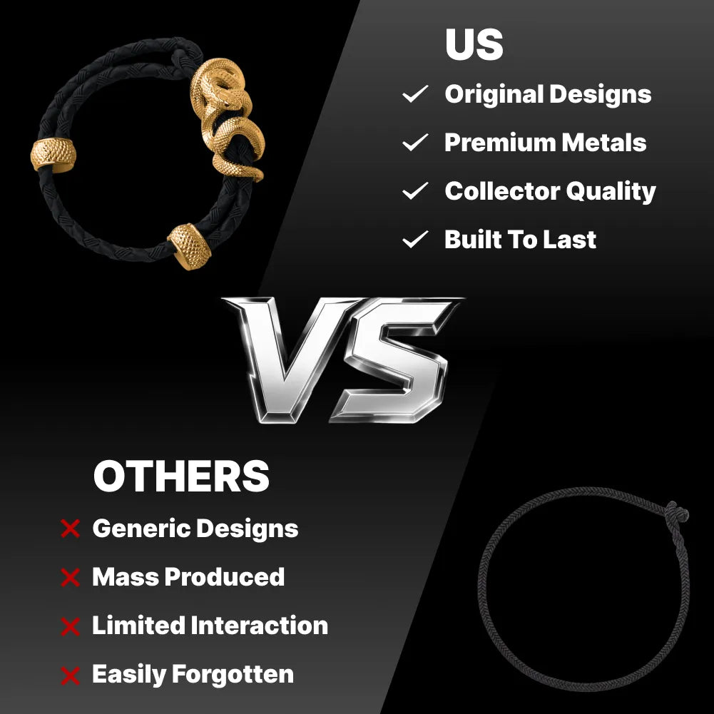 Black Mamba Rope Bracelet in 24K Gold Plated Brass, original design compared with a generic alternative.