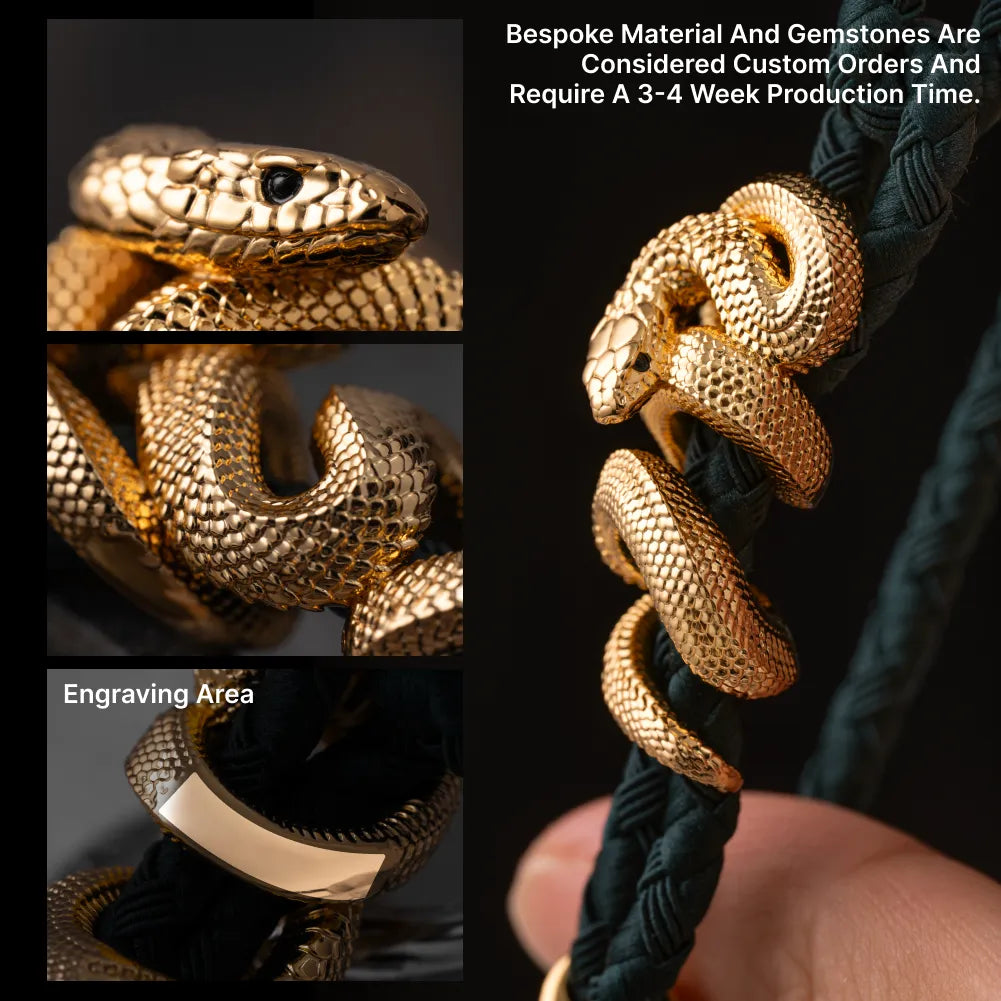 Black Mamba Rope Bracelet in 24K Gold Plated Brass, sculpted scales and engraving areas shown in a detail collage.