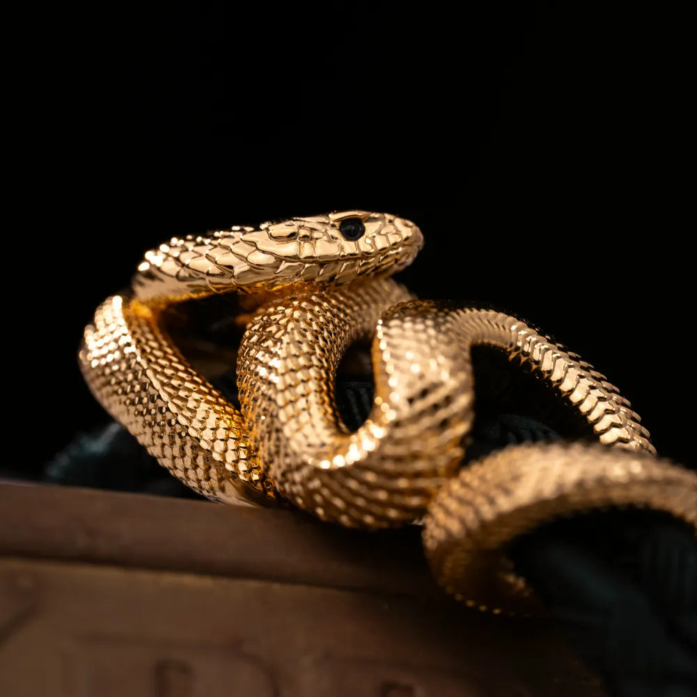 Black Mamba Rope Bracelet in 24K Gold Plated Brass, snake clasp and rope construction shown in a close-up product view.