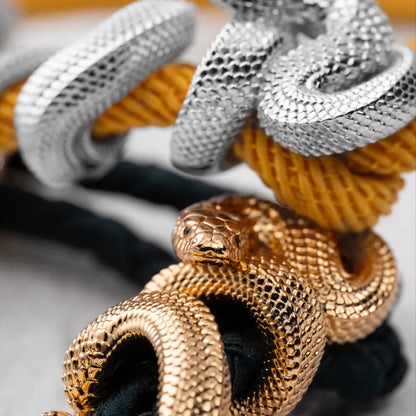 Black Mamba Rope Bracelet in 24K Gold Plated Brass, style and finish comparison display.