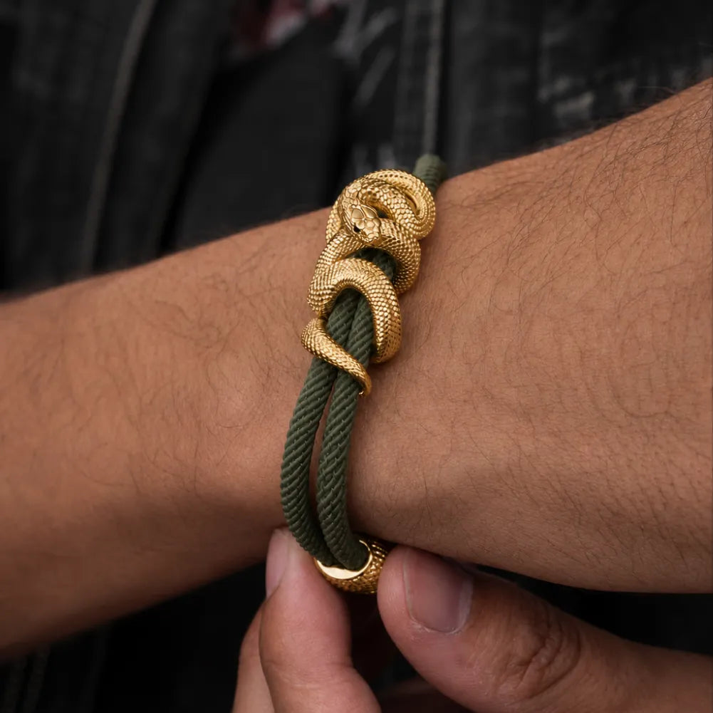 Black Mamba Rope Bracelet in 24K Gold Plated Brass, worn on the wrist in a side view.