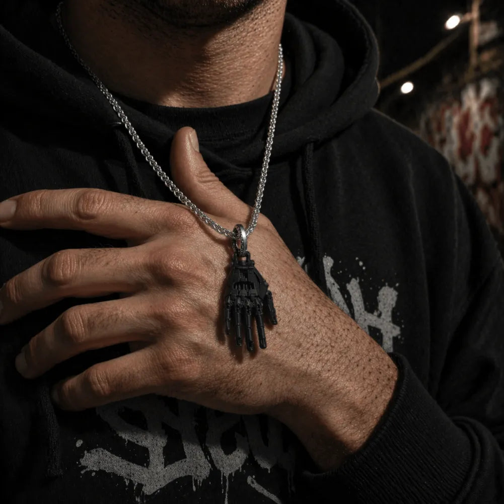 Blackened mechanical right hand pendant