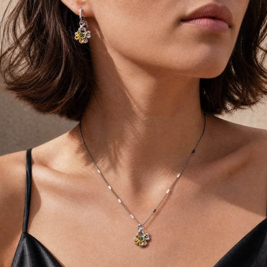 Clover serpent earring and matching side-body necklace worn together