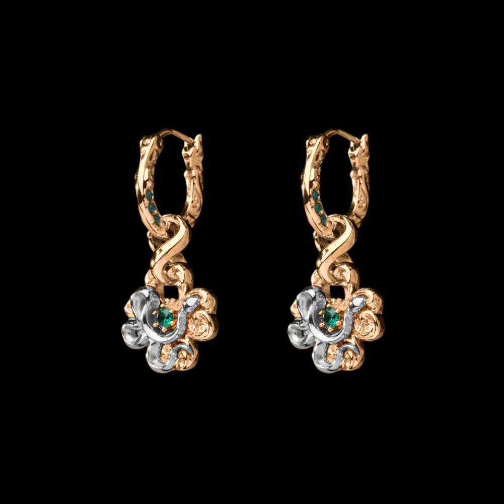 Pair of customized clover serpent earrings in 18K gold plating and silver