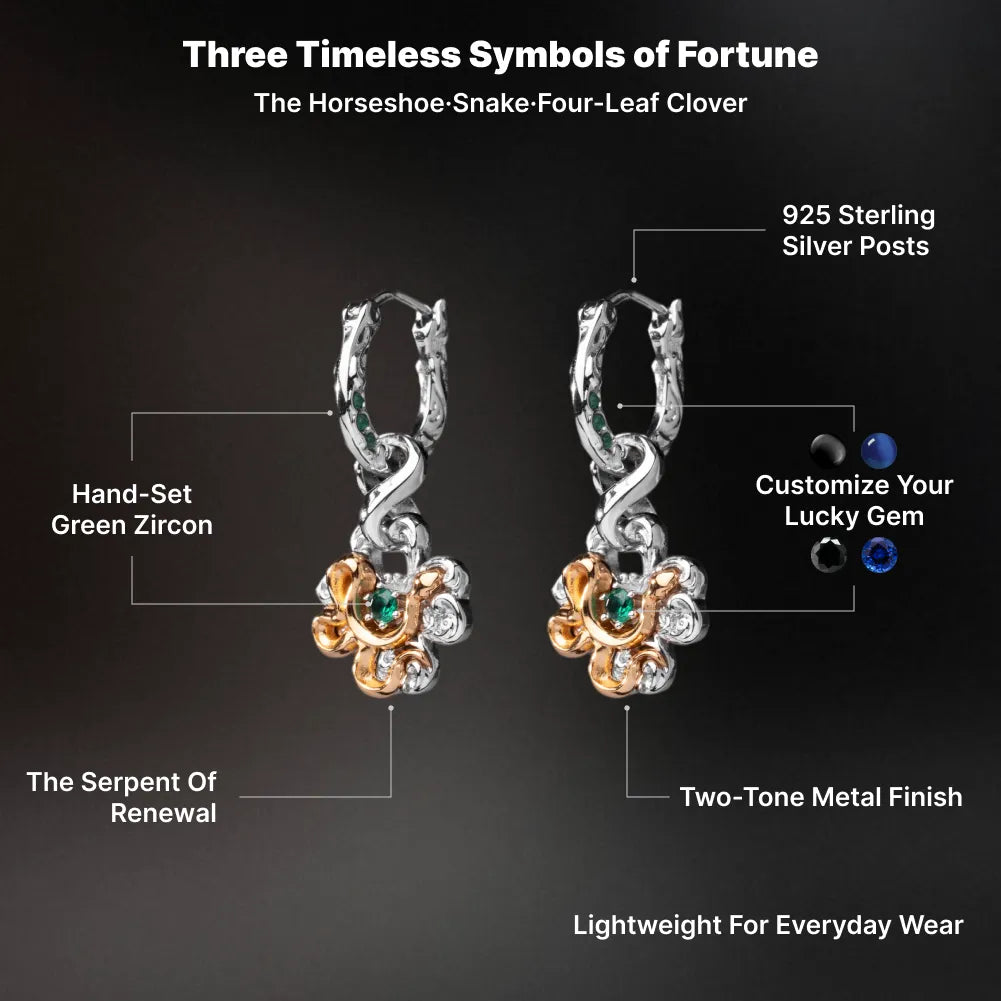 Clover serpent earrings with green zircon and two-tone metal details