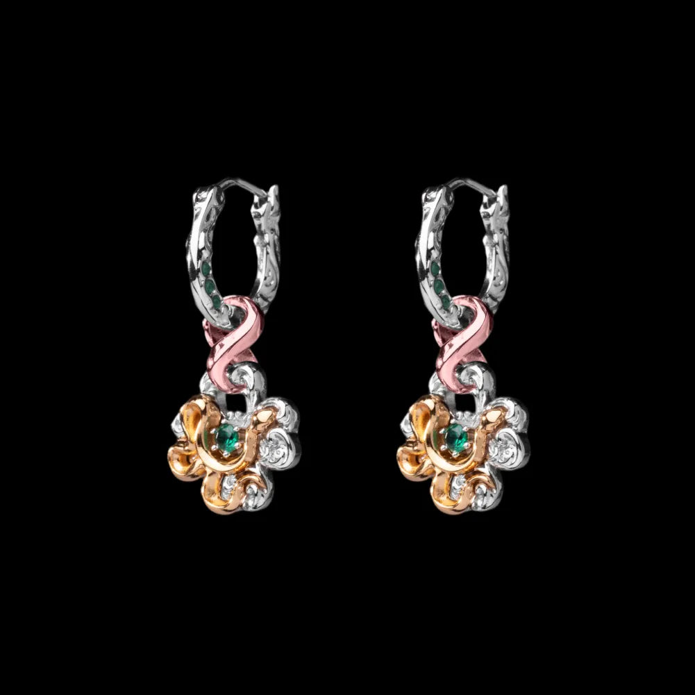 Pair of customized clover serpent earrings in silver, 18K rose gold plating and 18K gold plating
