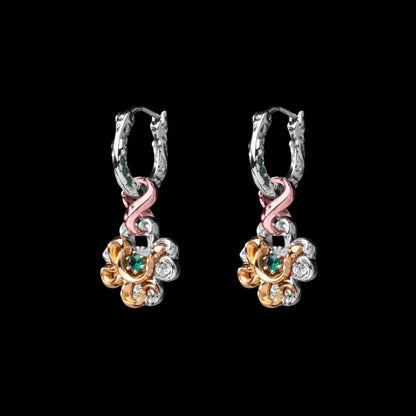 Pair of customized clover serpent earrings in silver, 18K rose gold plating and 18K gold plating