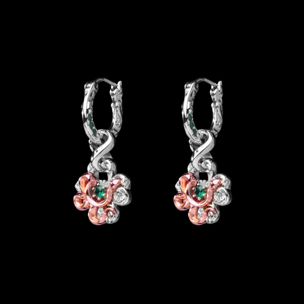 Pair of customized clover serpent earrings in silver and rose gold plating