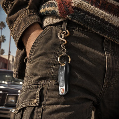 Coiled serpent keychain clipped to denim beside a car key fob