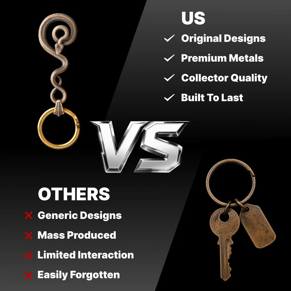 Original design comparison of the coiled serpent keychain against mass-produced alternatives