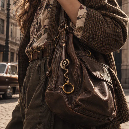 Woman carrying a leather bag with the coiled serpent keychain attached