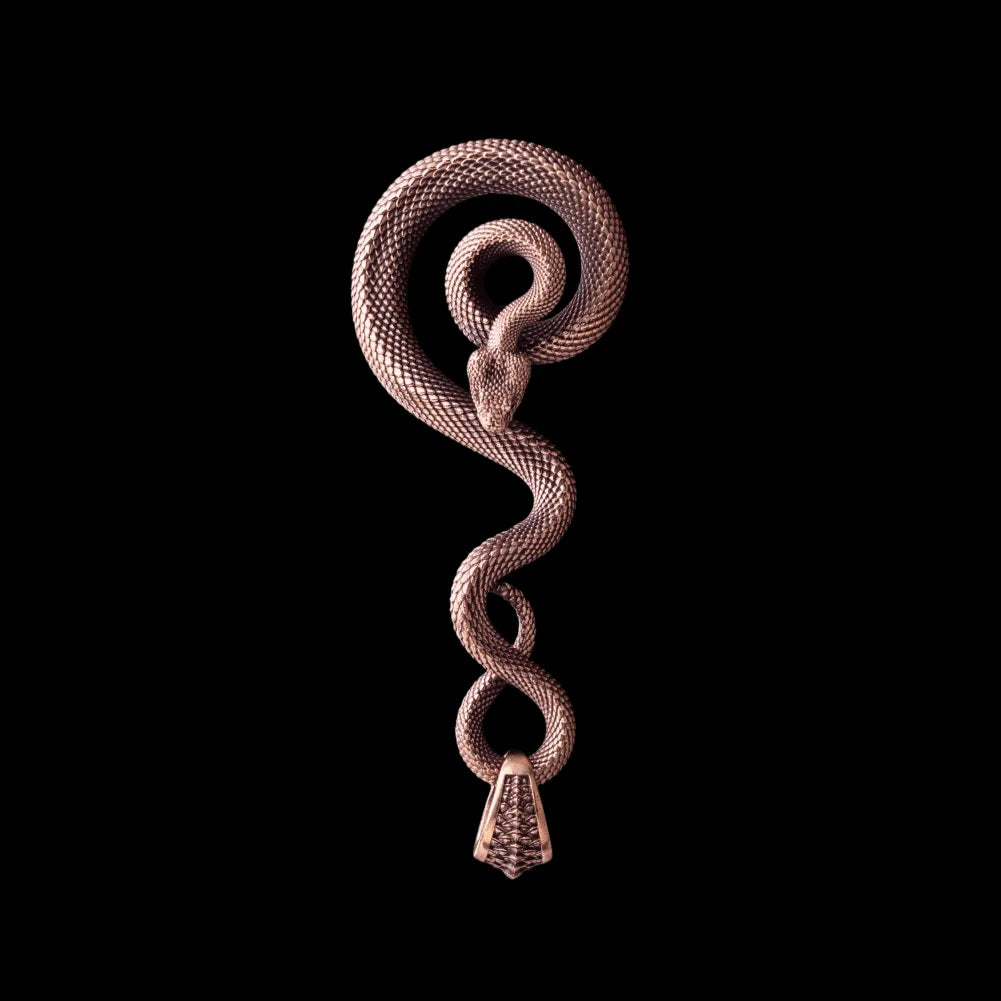 Copper coiled serpent keychain, front view