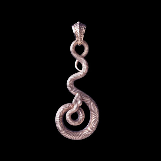 14K Rose Gold coiled serpent pendant, pendant only close up