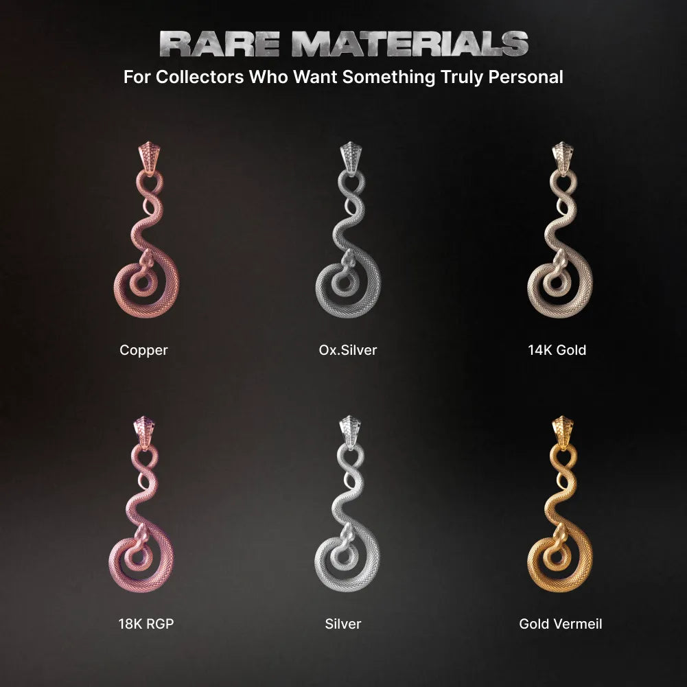 Rare material options overview of the coiled serpent pendant