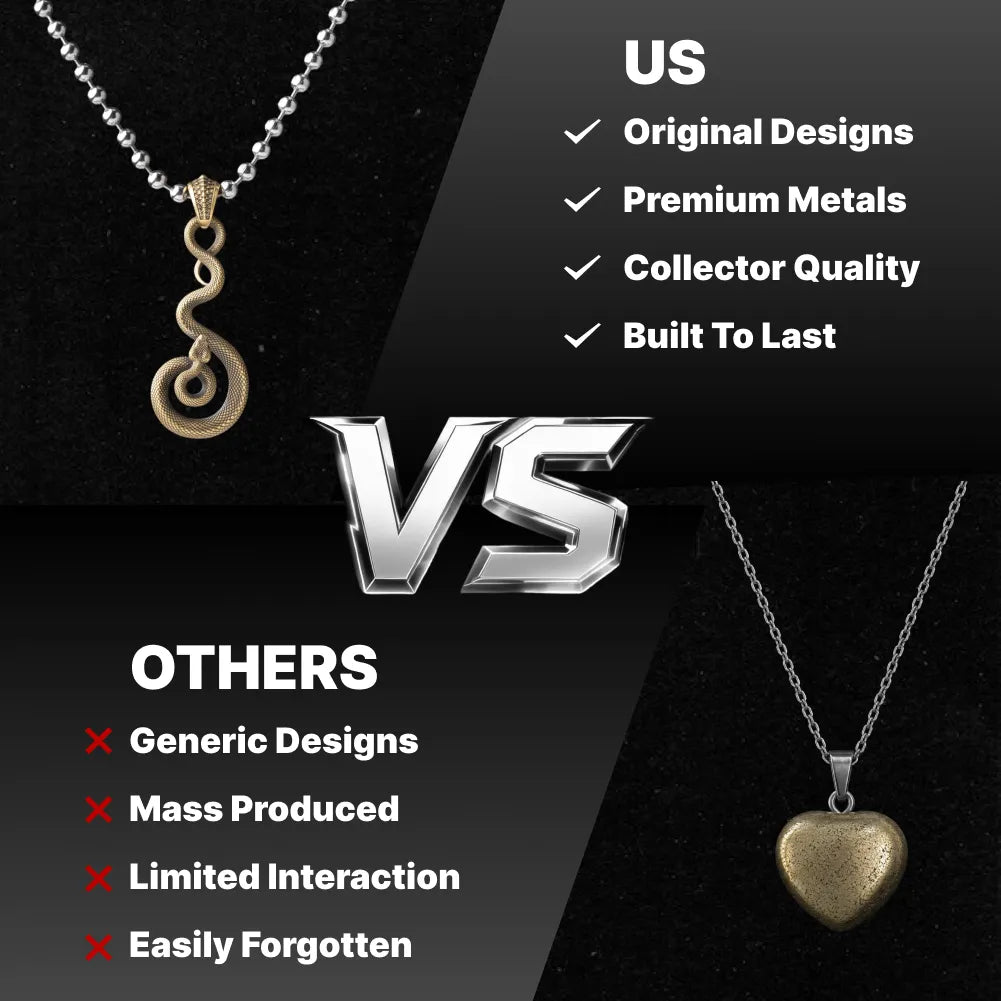 Original design comparison of the coiled serpent pendant against mass-produced alternatives