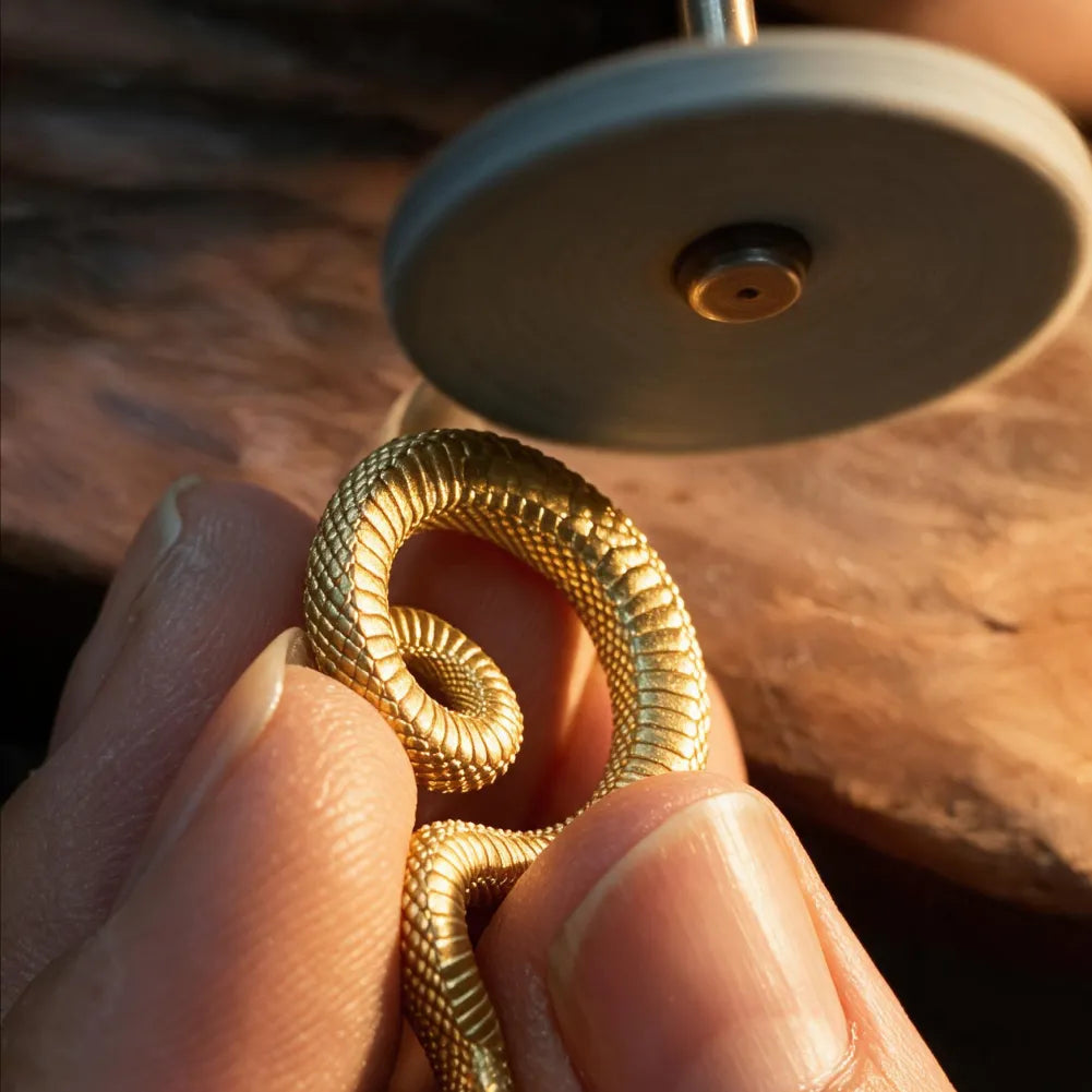 Polishing the brass coiled serpent on a buffing wheel by hand
