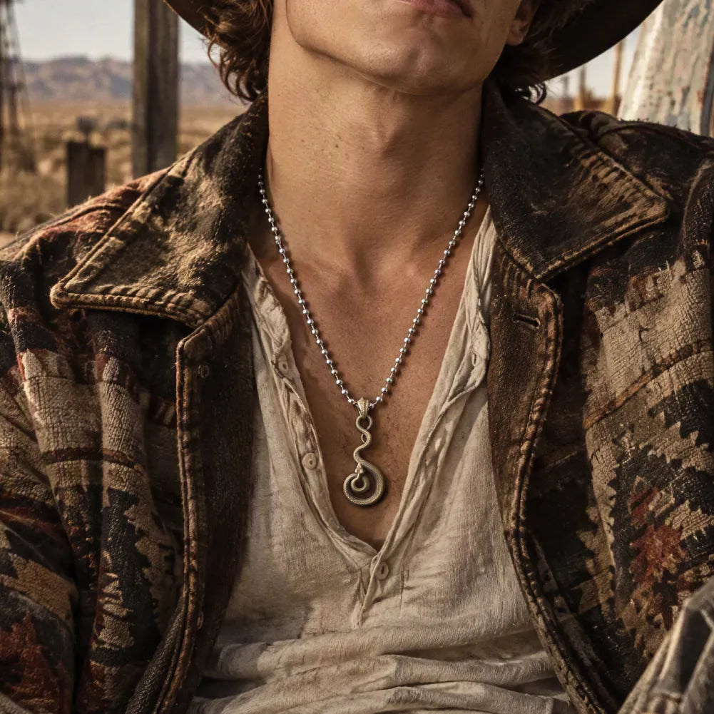 Man wearing the brass coiled serpent pendant on a bead chain outdoors